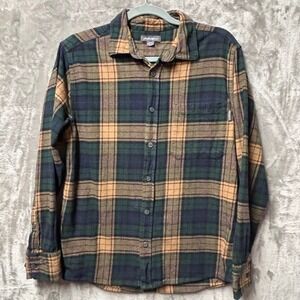 Eddie Bauer Mens Flannel Shirt Button Up Long Sleeve Cotton Plaid Green Tan-Med